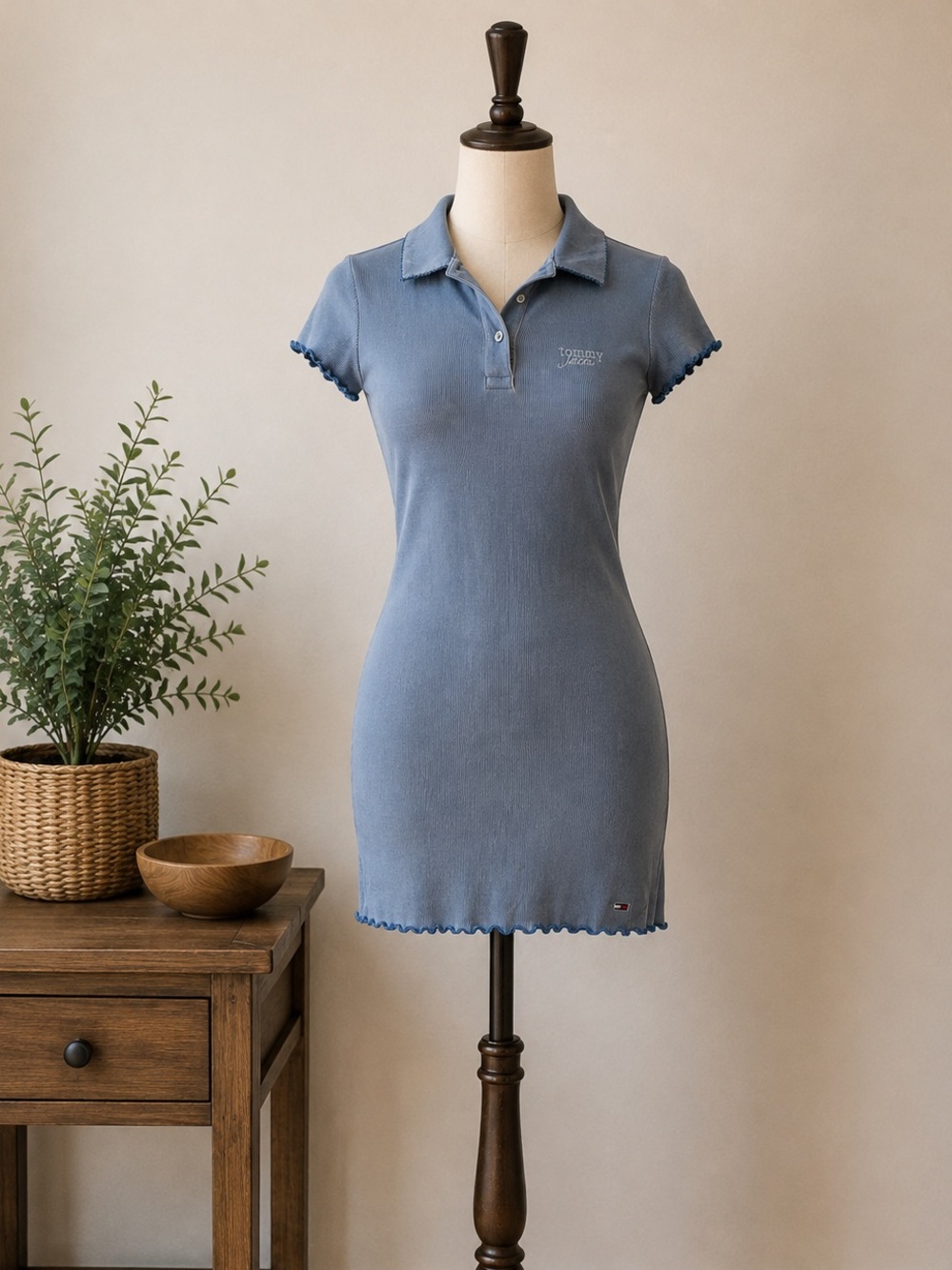 Y2K Tommy Jeans Dusty Blue Ribbed Polo Mini Dress Lettuce Hem Fits Like S/M
